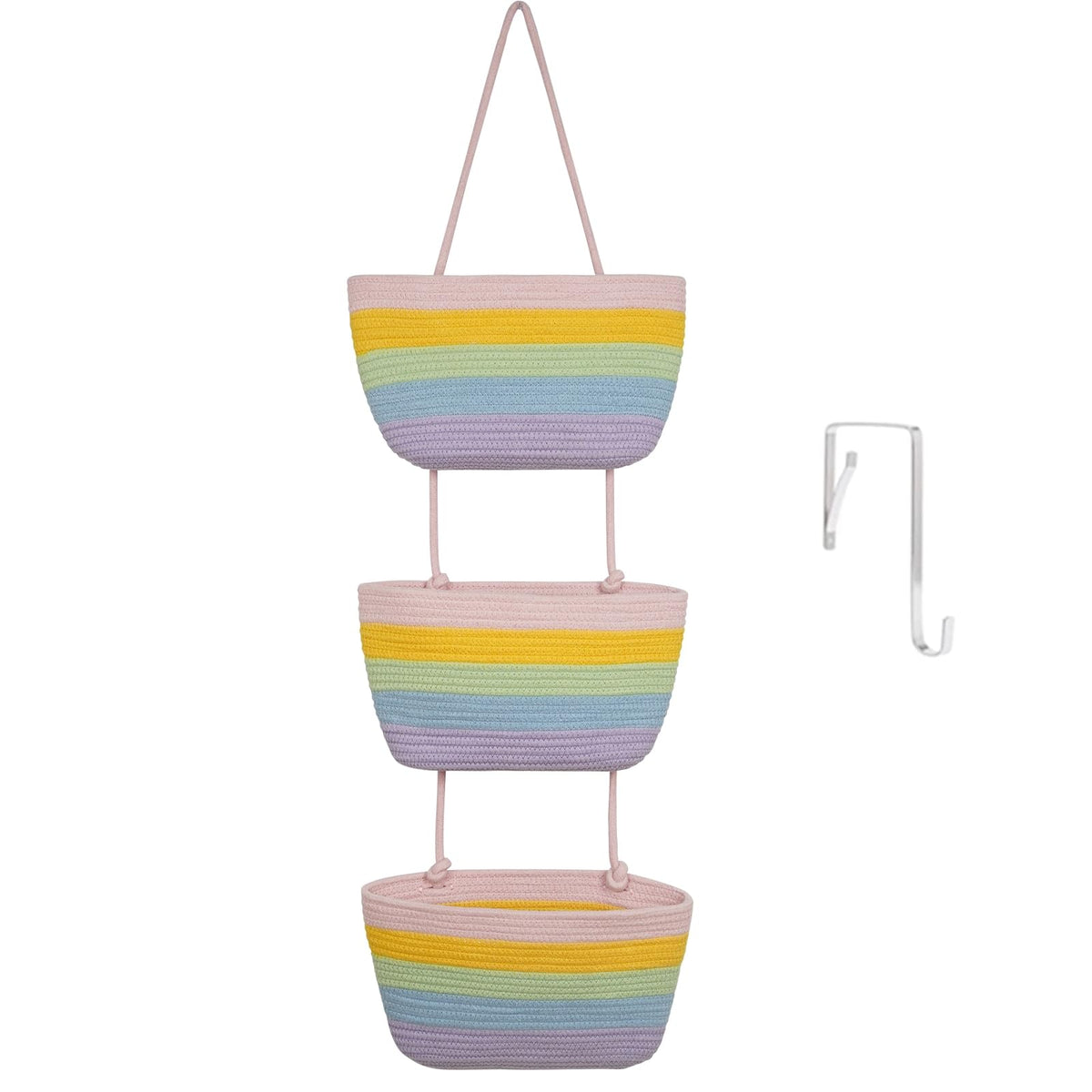 TeoKJ Over the Door Hanging Basket, 3-Tier Woven Cotton Wall-Mounted Storage Organizer Bag Decorative Hanging Nursery Baskets, Jute