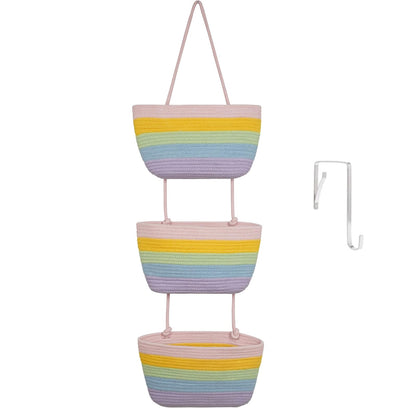 TeoKJ Over the Door Hanging Basket, 3-Tier Woven Cotton Wall-Mounted Storage Organizer Bag Decorative Hanging Nursery Baskets, Jute