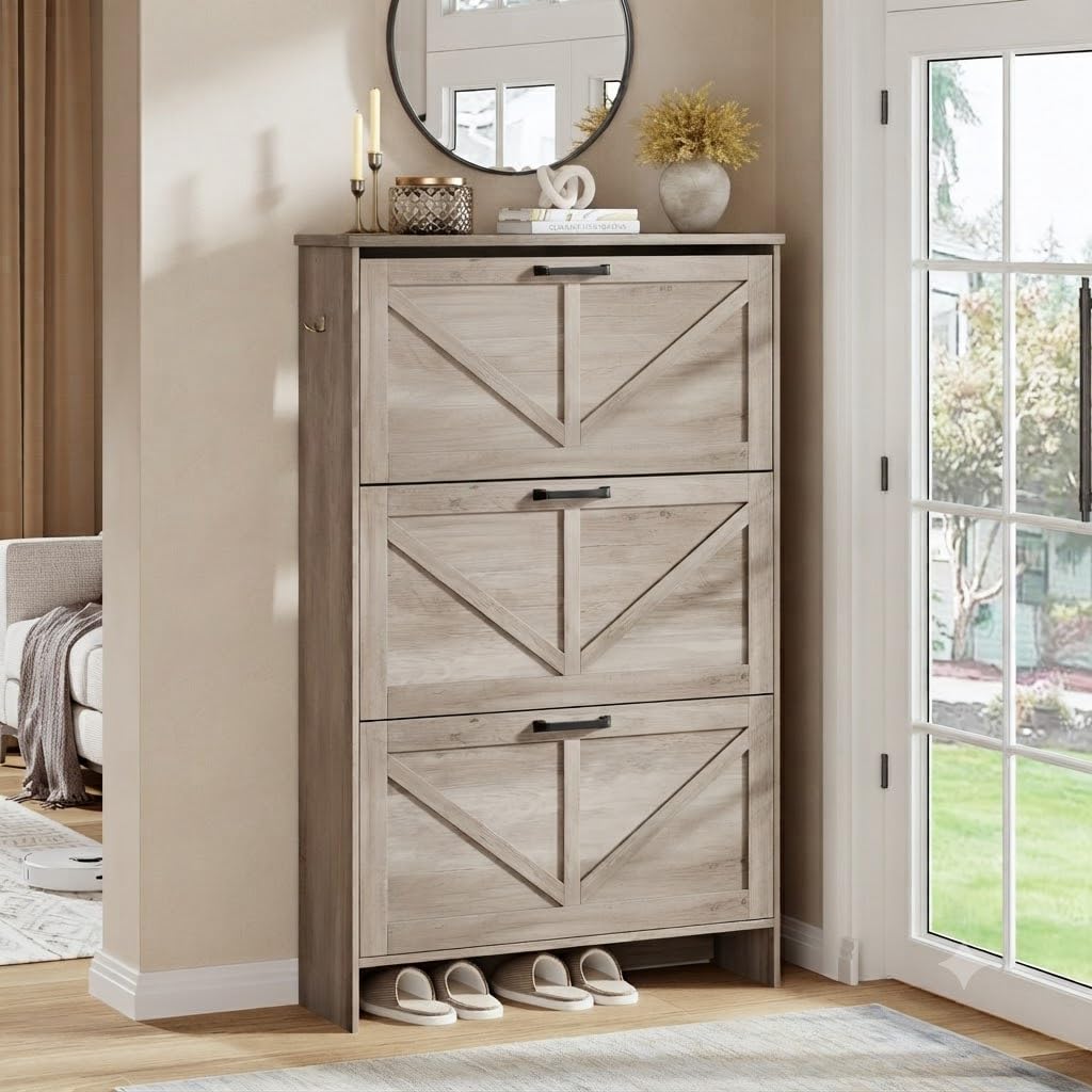 Nicetree Shoe Cabinet, 3 Flip Drawers & Adjustable Shelves, Ultra Slim Freestanding (9.1” Deep), Holds 30 Pairs, Narrow Shoe Storage Cabinet with Anti-Tip Safety, Modern Farmhouse White Walnut