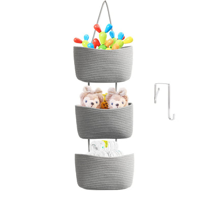 TeoKJ Over the Door Hanging Basket, 3-Tier Woven Cotton Wall-Mounted Storage Organizer Bag Decorative Hanging Nursery Baskets, Jute