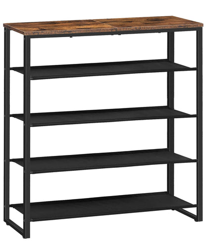 HOOBRO Shoe Rack, 4 Tier Shoe Storage Organizer with 3 Oxford Fabric Shelves and Top Panel, Holds 12-16 Pairs of Shoes for Entryway and Closet, Industrial, Rustic Brown BF47XJ01G1