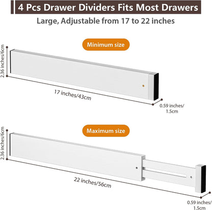 4 Pack Bamboo Drawer Dividers 17-22" Adjustable Kitchen Organizer, White