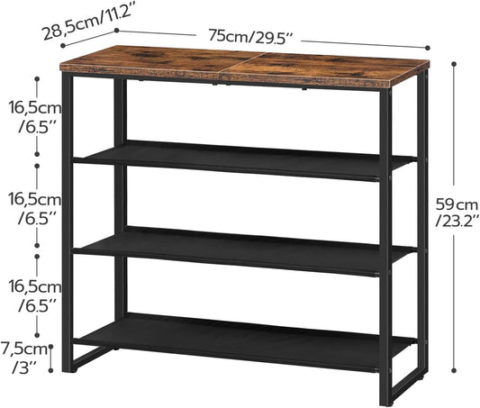 HOOBRO Shoe Rack, 4 Tier Shoe Storage Organizer with 3 Oxford Fabric Shelves and Top Panel, Holds 12-16 Pairs of Shoes for Entryway and Closet, Industrial, Rustic Brown BF47XJ01G1