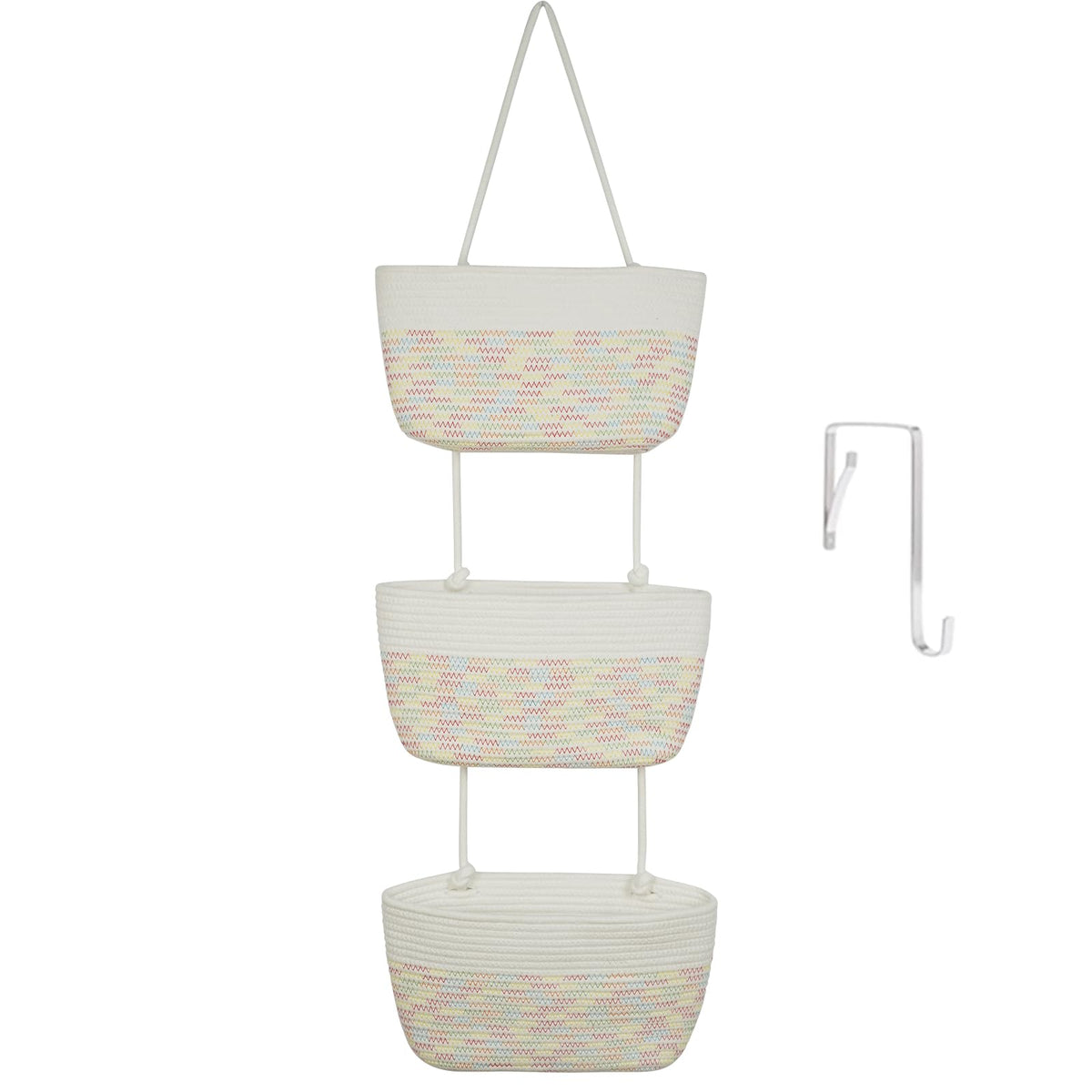 TeoKJ Over the Door Hanging Basket, 3-Tier Woven Cotton Wall-Mounted Storage Organizer Bag Decorative Hanging Nursery Baskets, Jute