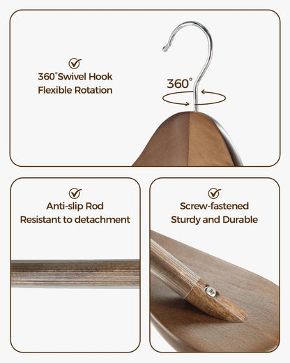 Premium Wooden Hangers 6-Pack – Wide Shoulder Non-Slip & Shatter-Resistant Design for Coats, Jackets & Suits | 360° Rotating Closet Organizers | Durable & Space-Saving (Vintage Wood)