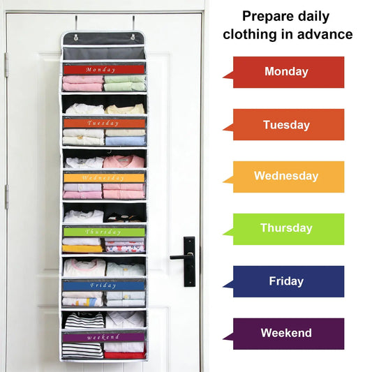 Fabric Over The Door Hangable Home Organizer - 6 Side Compartments, Anti-Tilt Design, 44 lb Capacity, Weekly Clothing Holder, Bathroom Organizer, Bedroom Storage, Closet Shelves Storage Solution, Classic