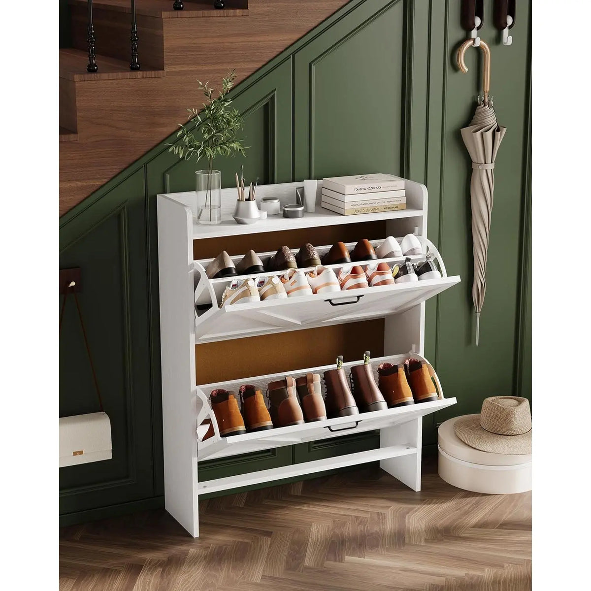 Slim Narrow Shoe Cabinet with 2 Turn over Drawers – Hidden Large Capacity Storage Organizer for Entryway or Hallway – Adjustable Shelf, Dustproof Freestanding Design, Sturdy MDF & Metal Legs, Modern Farmhouse & Industrial Style, Anti-Tip – Black or White