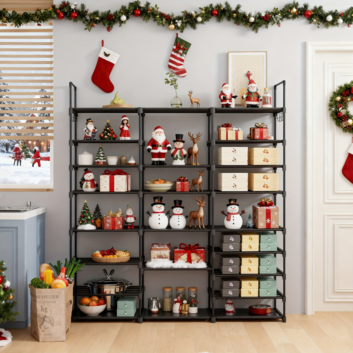 1pc 9 Tier Shoe Rack Organizer(129.5 Depth X 26.9 Width X 155.4 Height Cm), Black, 50-55 Pairs, Stackable Metal Shelf With Hooks For Entryway, Shoe Racks For Bedroom Closet, For Halloween And Christmas