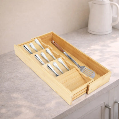 Natural Bamboo Drawer Organizer - Multifunctional Expandable Adjustable Holder, Neat Divider Storage Container Rack, Eco-Friendly Space-Saving Accessory for Kitchen Tools, Cutlery, 16.6in x 5.5in x 2.3in, Divided Container Rack Accessories