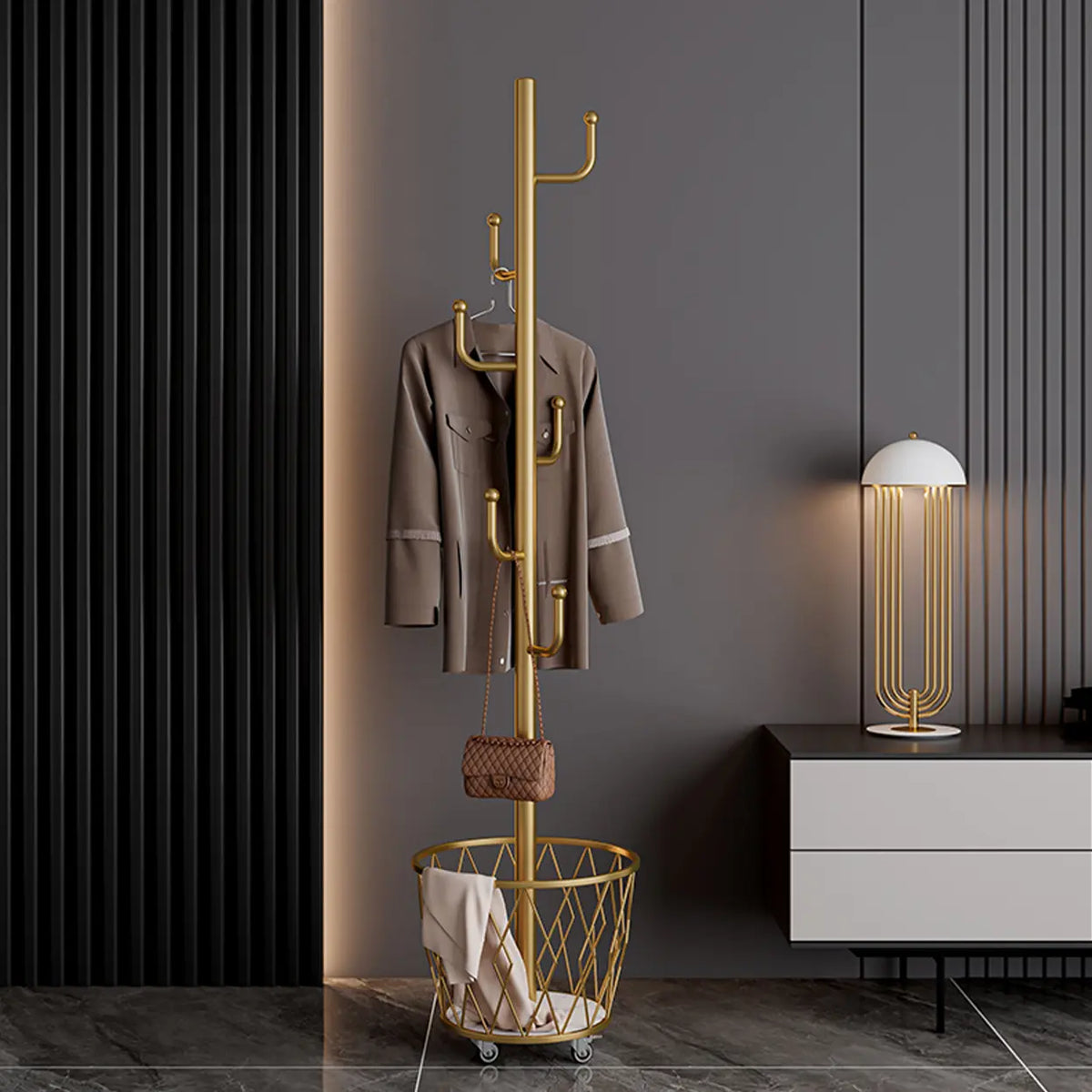 Rolling Clothes Rack with Storage Baskets & Wheels | Mobile Space Saving Garment Organizer | Freestanding Coat Rack Freestanding