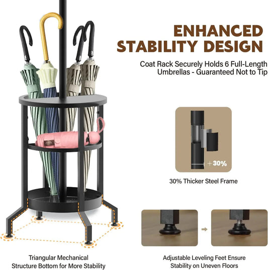 Freestanding Metal Coat Rack with 12 Hooks & Umbrella Holder - Home Organizer Garment Rack for Entryway, Bedroom Storage