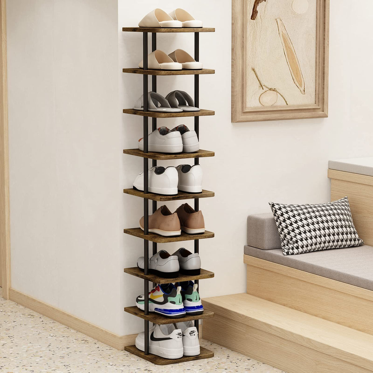 Shoe Rack 9 Tier Vertical Storage Organizer Narrow Metal Slim Shelf Modern Free Standing Shoe Tower Saving Space for Closet Entryway Bedroom