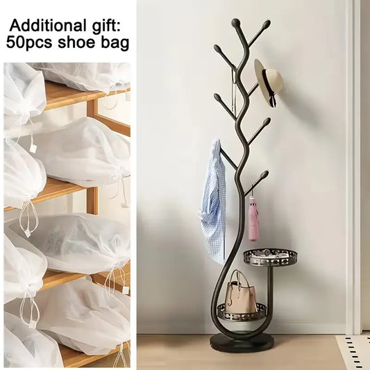 Elegant Freestanding Metal Clothes Rack with Shelf - Multifunctional Vertical Garment Organizer, Mobile Design for Home Organization - Ideal for Coats, Hats, Scarves & More