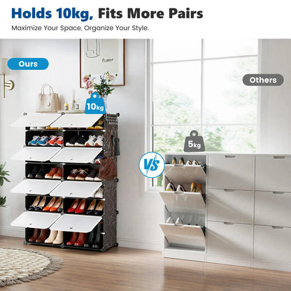 6/8-tier shoe cabinet, 24/32-tier capacity, with side hooks, sturdy metal frame, and black and white plastic panel shelves. Suitable for entryways, living rooms, and walk-in closets
