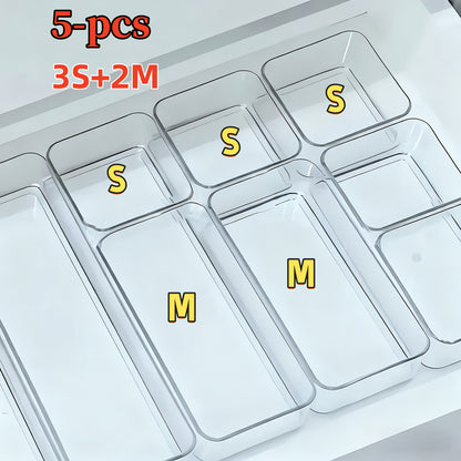 Bathroom Set of 5 Transparent Acrylic Drawer Organizers, Including Built-in Compartmentalized Organizers for Drawers, Countertop Storage Boxes, and Makeup Organizers. Ideal for Organizing and Storing Essentials, Cosmetics, Crafts, and Stationery.