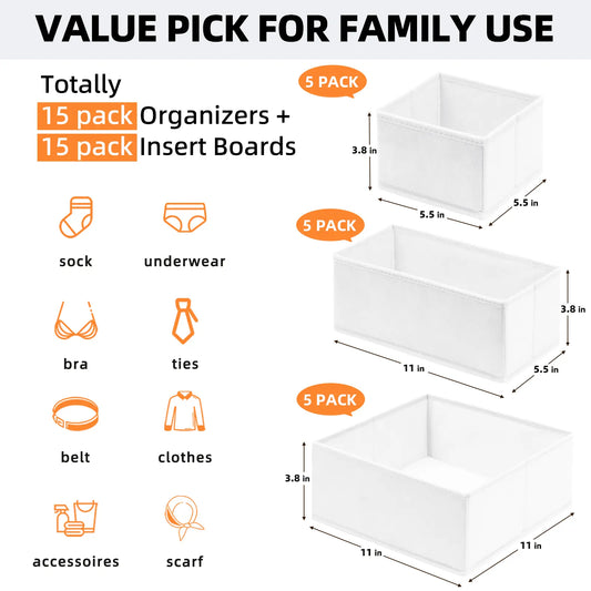 Criusia Drawer Organizer Clothes 15 Pack - Dresser Organizer For Nursery, Bedroom, Closet - Baby Clothes Organizer and Storage & Organization Dividers, College Dorm Room Essentials (White),dorm essentials,home decor