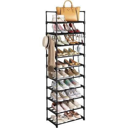 MOMOK 9 Tiers Shoe Rack Organizer,  Max Holds 55 Pairs, Metal Shoe Storage, Shelf with Hooks for Entryway, Garage, Black Footwear Organization Closet Shoe Rack