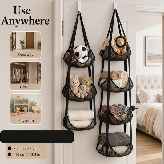 1pc 3-Tier 83Cm/32.7In Or 1pc 4-Tier 110Cm/43.3In Foldable Multi-Layer Hanging Ball Storage Basket, 30X30Cm/11.8X11.8In Mesh Doorway Storage Bag for Basketballs, Towels, Closet & Garage Organization, Shelf Baskets
