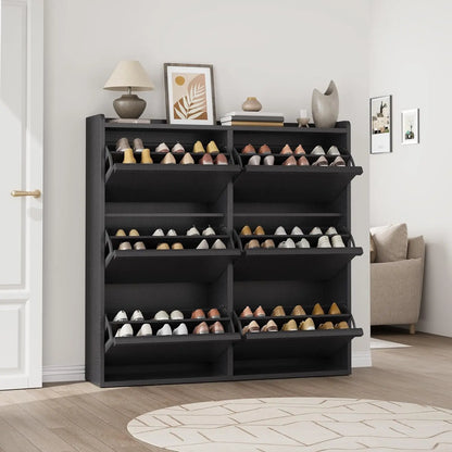 Black Wooden Shoe Cabinet with 6 Flip Drawers, Adjustable Shelf, Waterproof Wall-Mounted Furniture Storage Rack, Decor for Entryway, Hallway