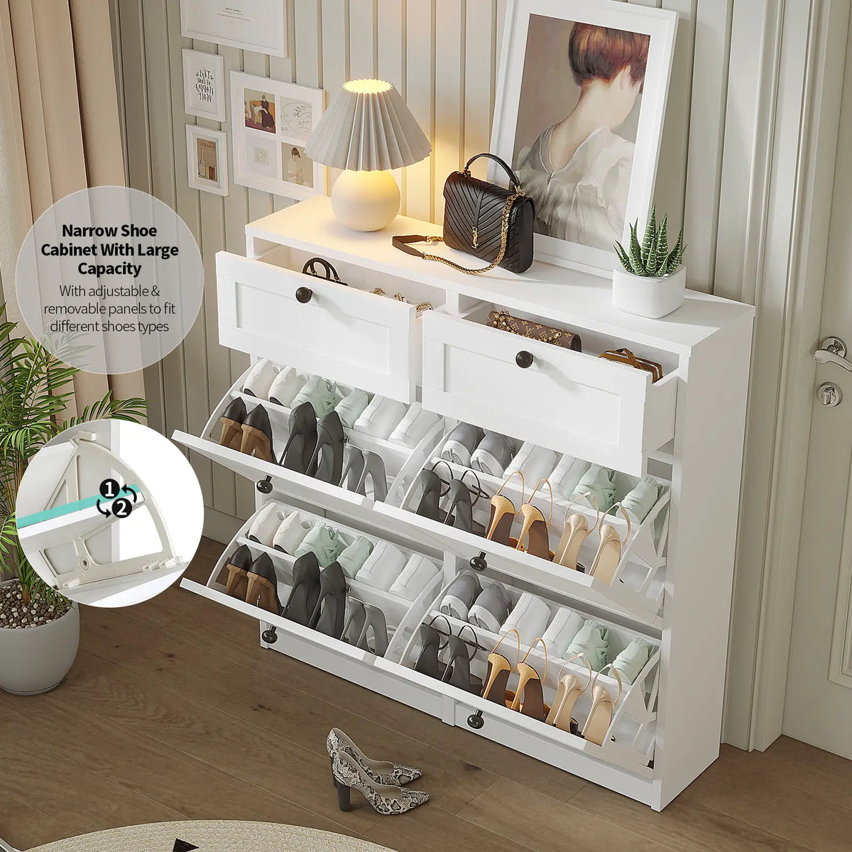 VOWNER Shoe Cabinet with 4 Flip Drawers & 2 Drawers, Freestanding Shoe Storage Cabinet with Adjustable Shelves, Shoe Organizer for Entryway, Hallway, Living Room, White