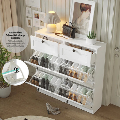 VOWNER Shoe Cabinet with 4 Flip Drawers & 2 Drawers, Freestanding Shoe Storage Cabinet with Adjustable Shelves, Shoe Organizer for Entryway, Hallway, Living Room, White