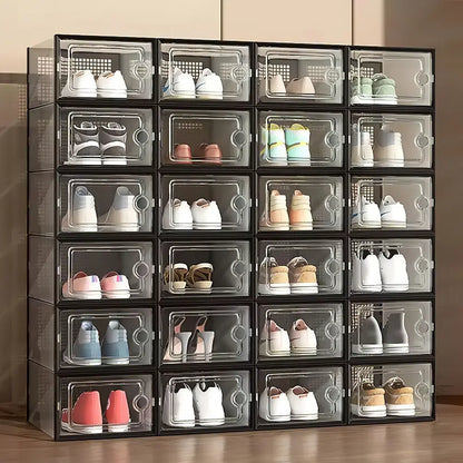 Stackable Shoe Storage Container, Transparent Hard Plastic Box, DIY Easy Assembly, Door Frame, Space Saving, Foldable Multi-Functional, Clear Shoe Boxes, Shoes Storage