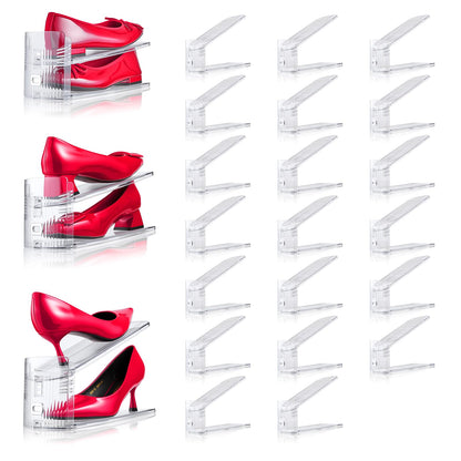 Shoe Slots Organizer, 24 Pack Transparent Shoe Stackers for A Pair of Shoes, 3 Levels Adjustable Doulbe Deck Shoe Holder 50% Space Saver for Closet Organization