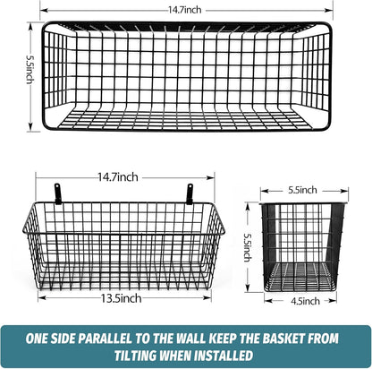 4 Set [EXTRA LARGE] Hanging Wall Mount Storage Baskets with Adhesive Hooks & Steel Hooks, Multiuse Sturdy Wire Metal Organizing Baskets for Home Kitchen Bathroom Pantry Utility Organizer, Black