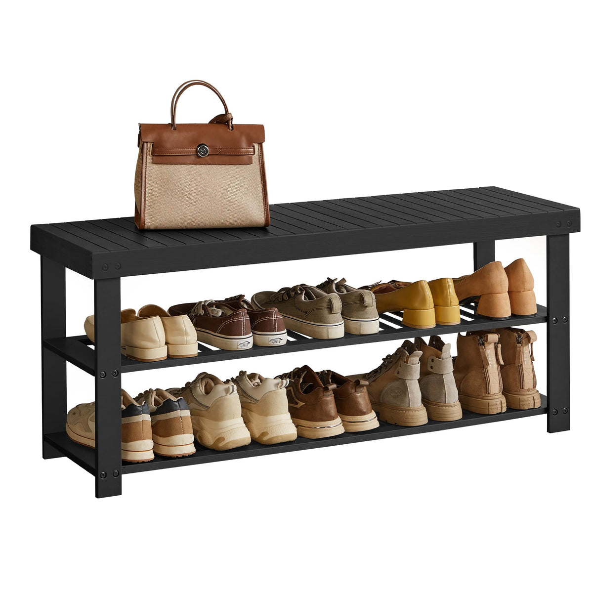 SONGMICS Shoe Rack Bench, 3-Tier Bamboo Entryway Bench, 27.6 Inches Width