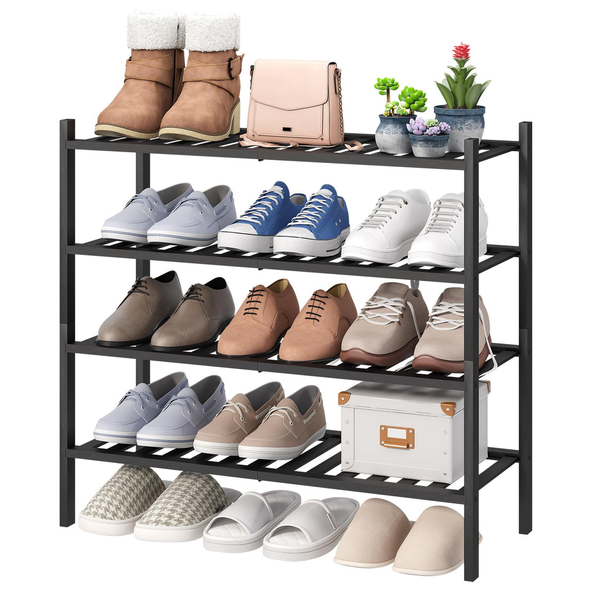 viewcare 4-Tier Bamboo Shoe Rack for Entryway, Stackable | Foldable | Natural, Shoe Organizer for Hallway Closet, Free Standing Shoe Racks for Indoor Outdoor