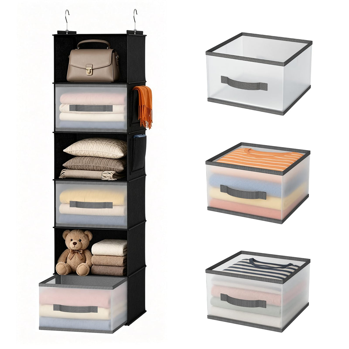 6-Shelf Hanging Closet Organizer with 3 Drawers & Side Pockets, Gray