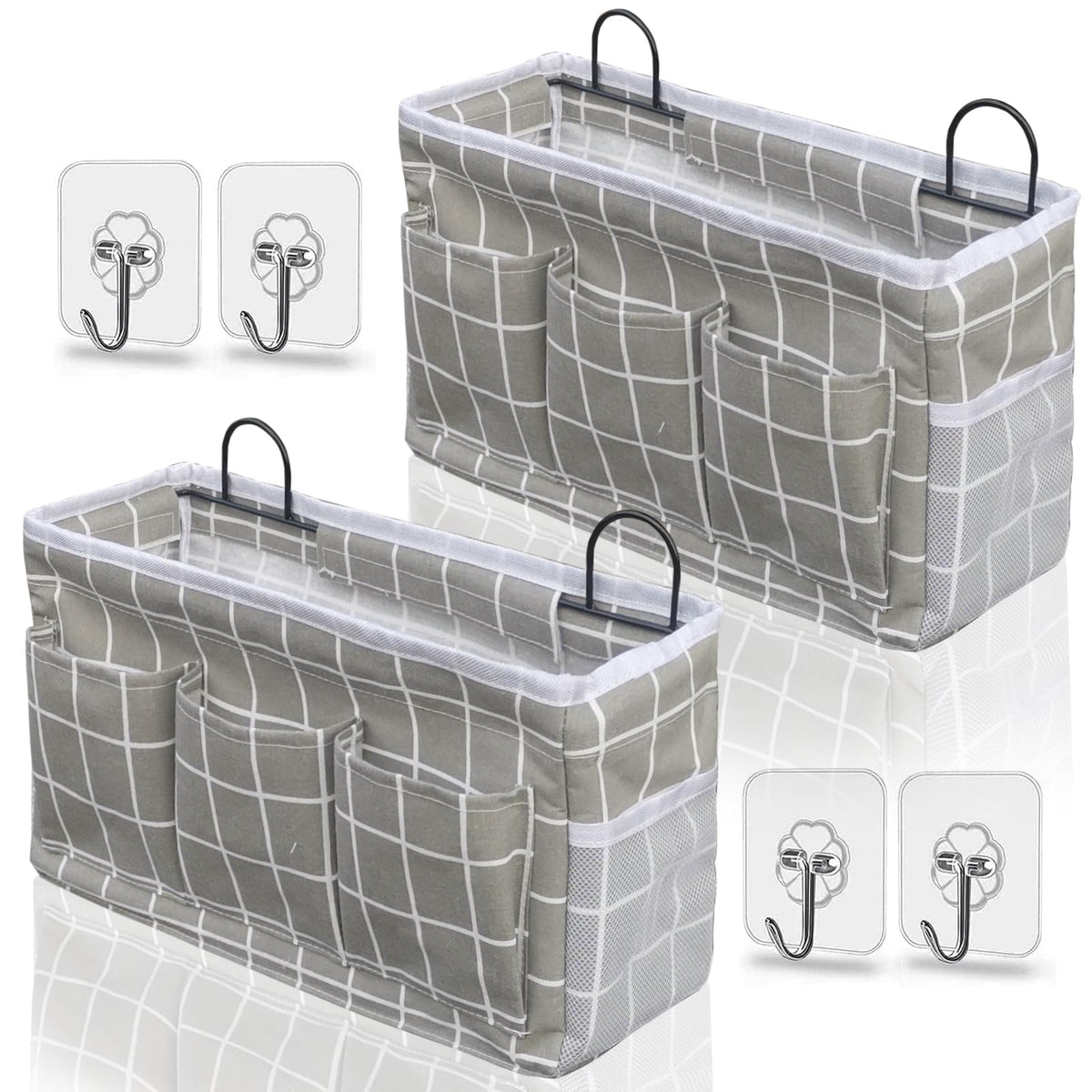 Kanrichu Wall Hanging Organizer Bag, 2-Pack Linen Storage Baskets with Pockets, WallHanging Storage Basket for Bedroom, Kitchen, Office, RV Camper (Gray)