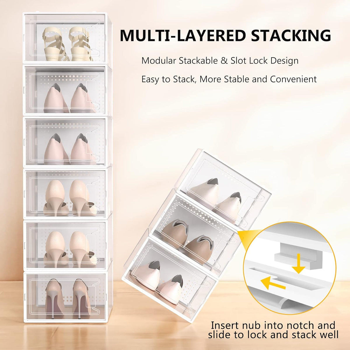 12 Pack Large Stackable Clear Plastic Shoe Storage Boxes Organizer, White