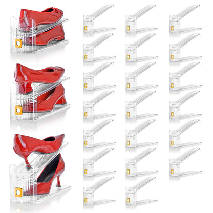 Shoe Slots Organizer, 24 Pack Transparent Shoe Stackers for A Pair of Shoes, 3 Levels Adjustable Doulbe Deck Shoe Holder 50% Space Saver for Closet Organization