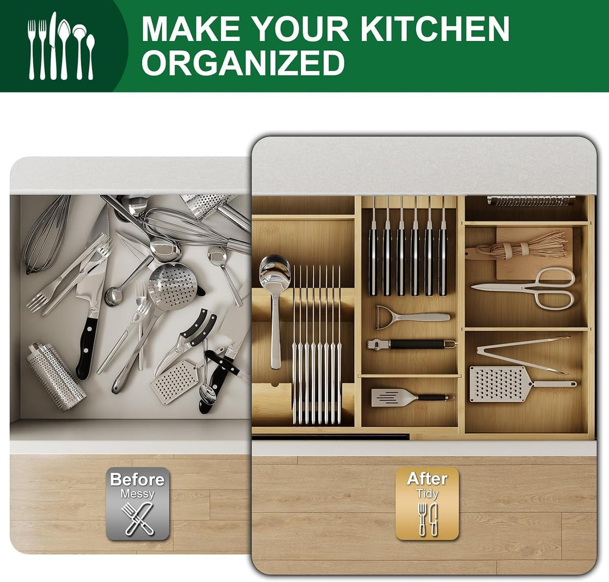 Bamboo Expandable Kitchen Drawer Organizer, 17.7-29.5 in,Natural