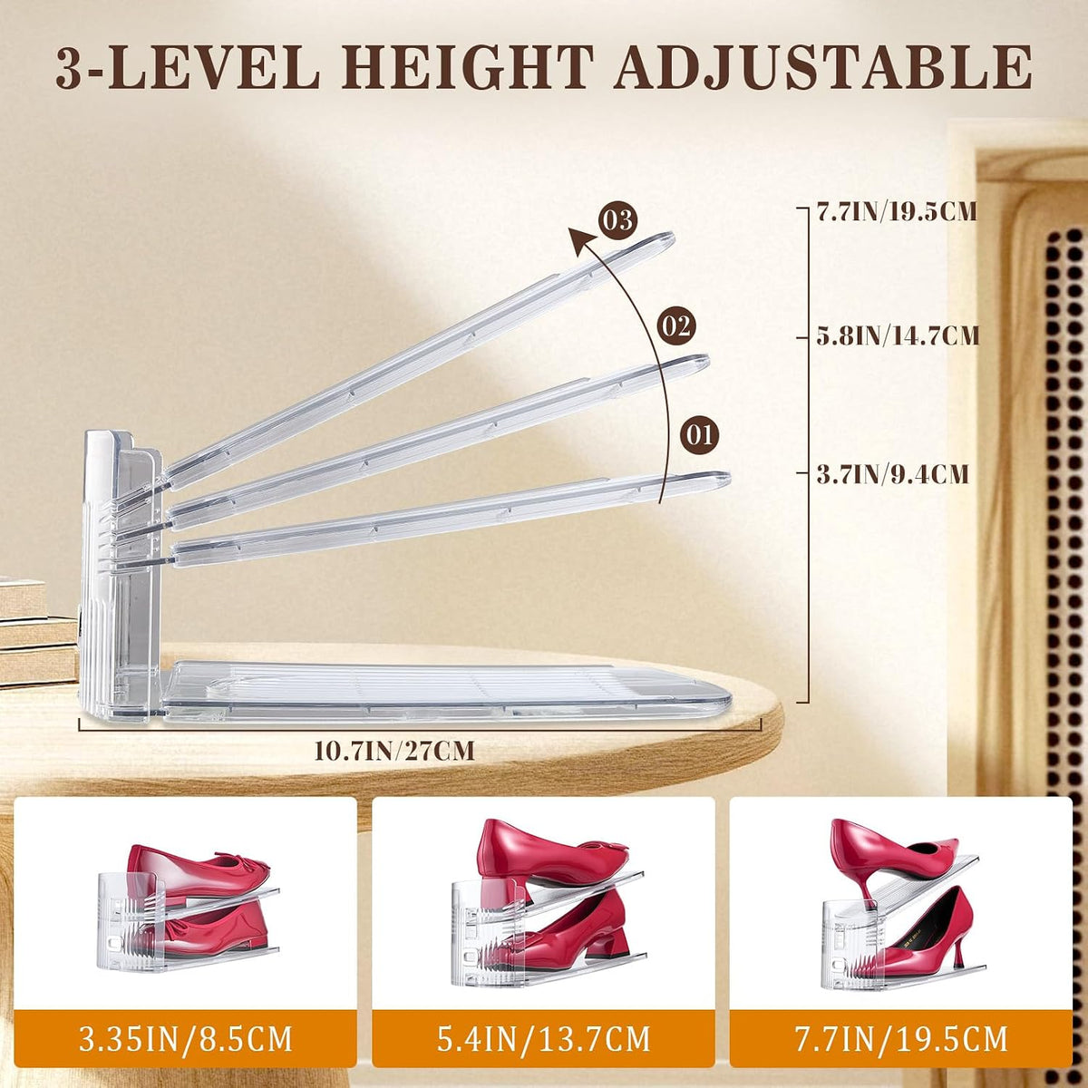 Shoe Slots Organizer, 24 Pack Transparent Shoe Stackers for A Pair of Shoes, 3 Levels Adjustable Doulbe Deck Shoe Holder 50% Space Saver for Closet Organization