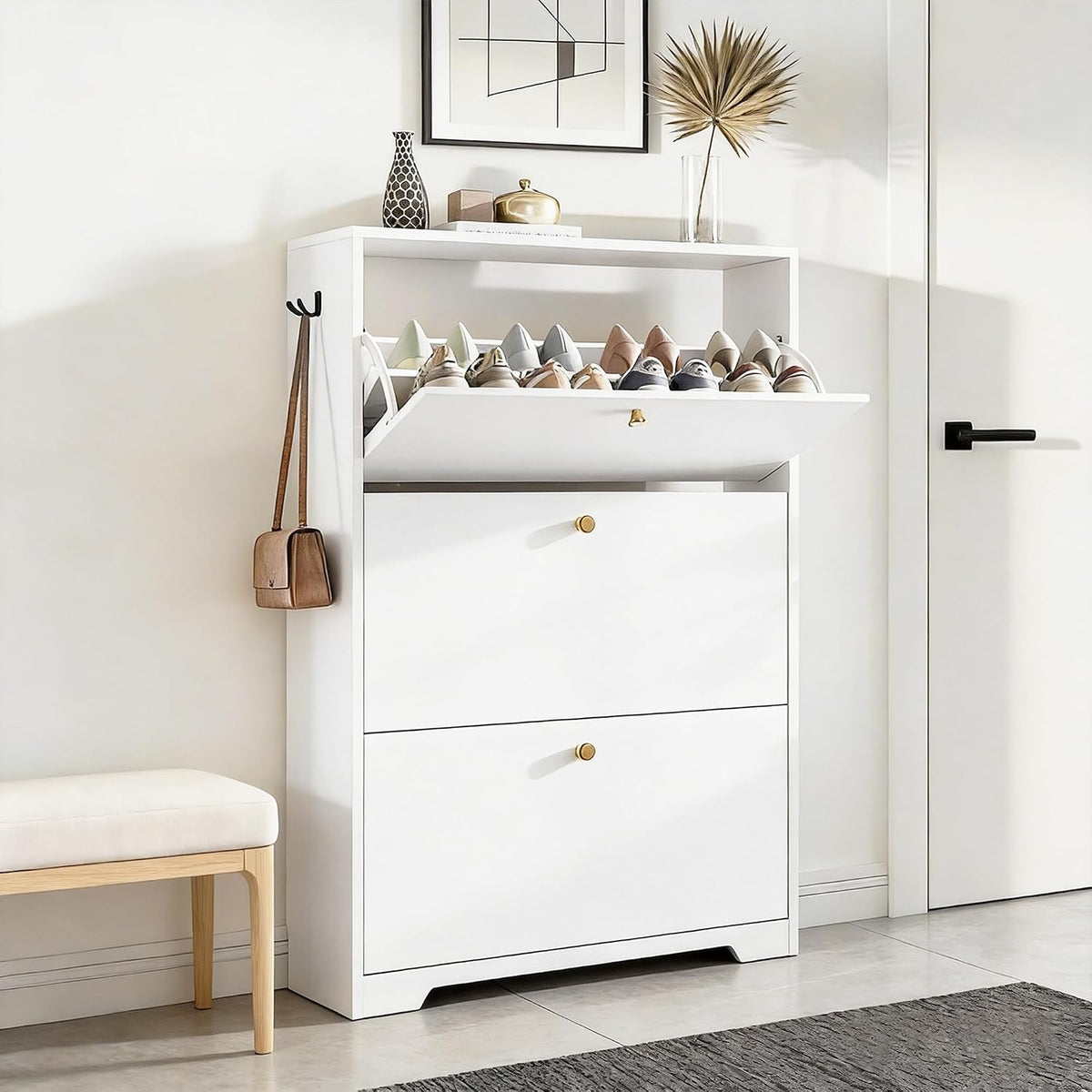 Nicetree Shoe Cabinet with 3 Flip Drawers, Modern Entryway Organizer, White