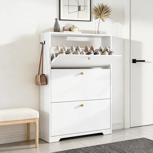 Nicetree Shoe Cabinet with 3 Flip Drawers, Modern Entryway Organizer, White