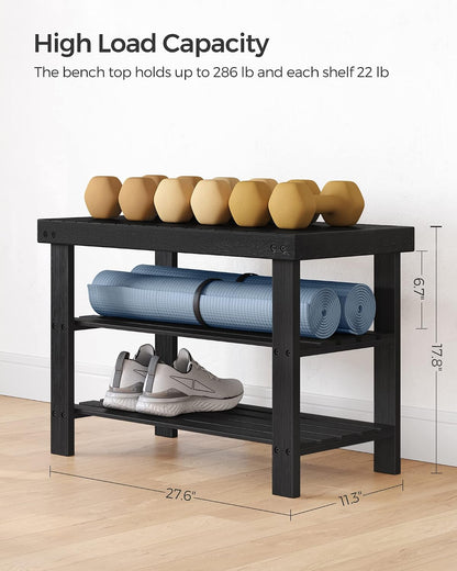 SONGMICS Shoe Rack Bench, 3-Tier Bamboo Entryway Bench, 27.6 Inches Width