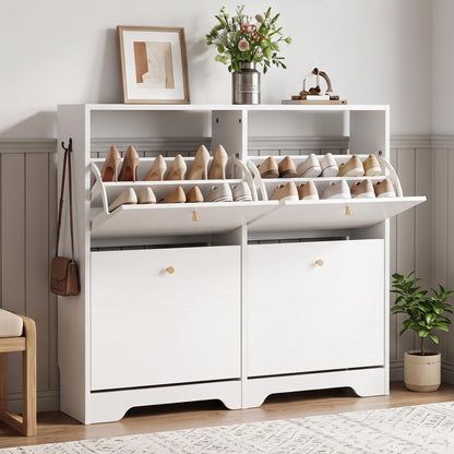 Nicetree Shoe Cabinet with 3 Flip Drawers, Modern Entryway Organizer, White
