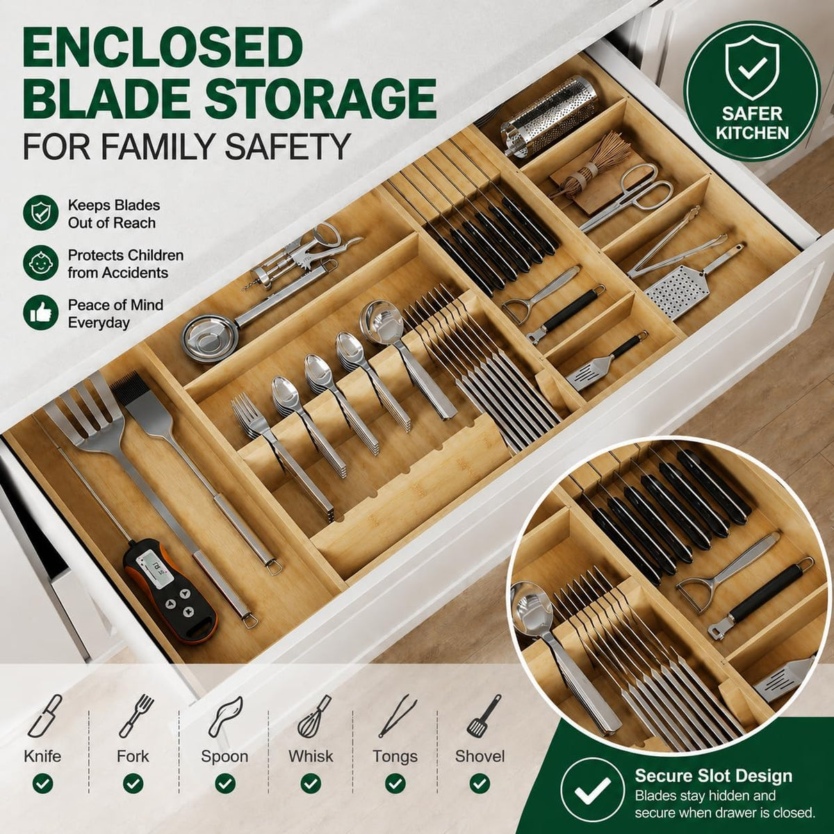 Bamboo Expandable Kitchen Drawer Organizer, 17.7-29.5 in,Natural