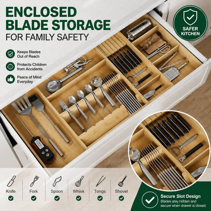 Bamboo Expandable Kitchen Drawer Organizer, 17.7-29.5 in,Natural