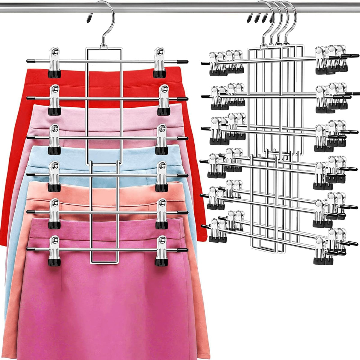 Pants Hangers with Clips,Space Saving Hanging Closet Organizer-6 Tiers Skirt Hangers with 360° Swivel Hook,Closet Organizer-Clothes Hangers- College Dorm Essentials Apartment Essentials-2 Pack