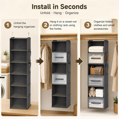 6-Shelf Hanging Closet Organizer with 3 Drawers & Side Pockets, Gray
