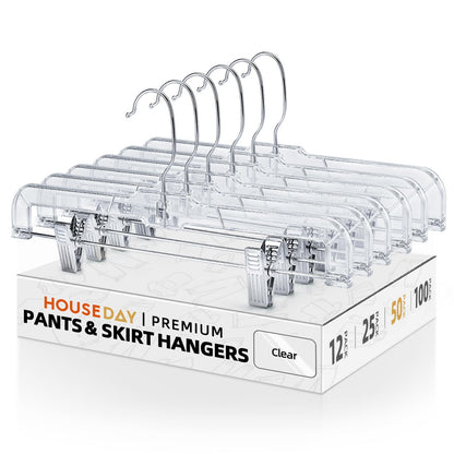 HOUSE DAY 14 Inch Clear Pants Hangers with Clips 12 Pack, Skirt Hangers
