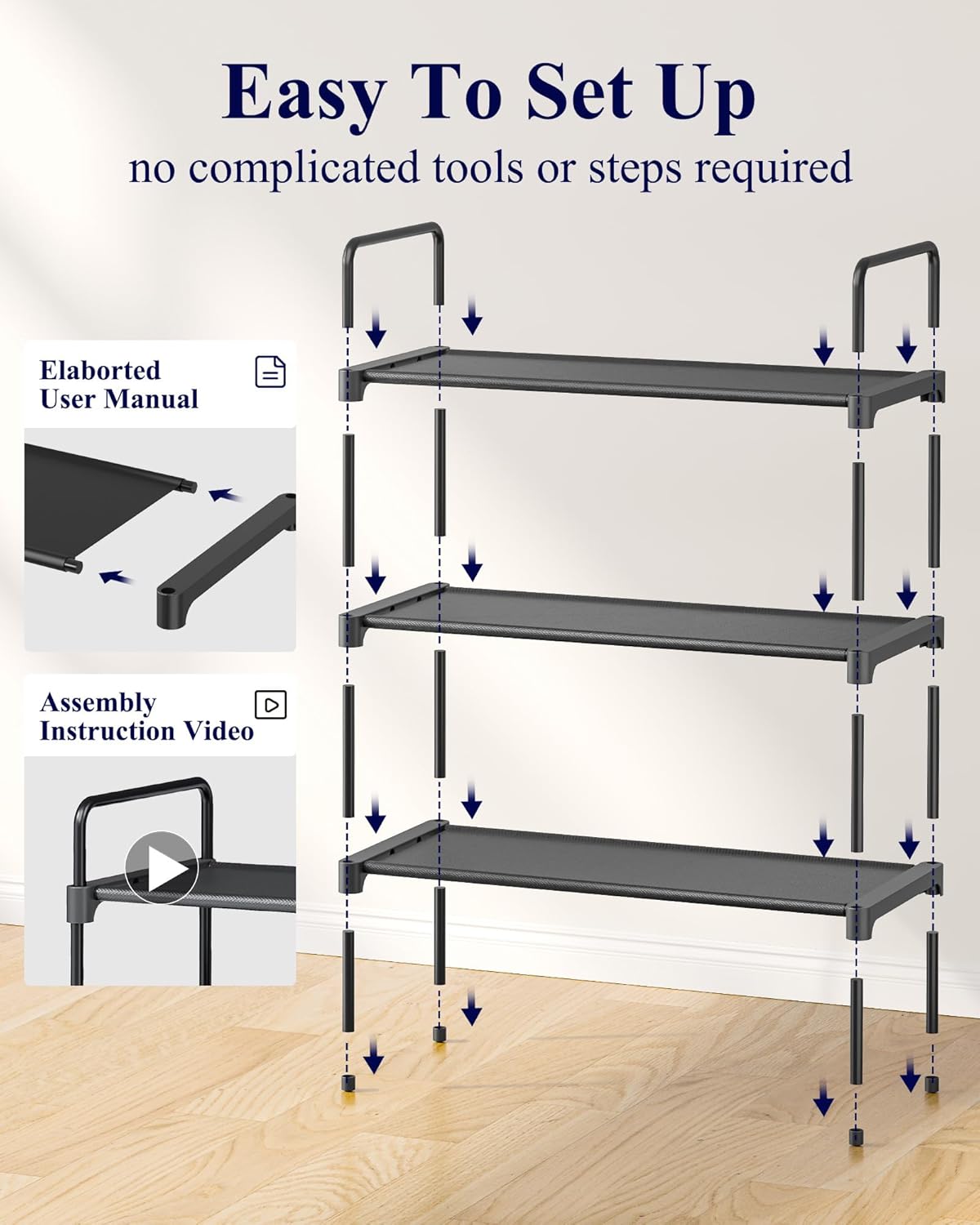 Kitsure Shoe Rack for Closet, Shoe Storage, 27.6" Wide - 3 Tiers, Black