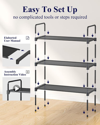 Kitsure Shoe Rack for Closet, Shoe Storage, 27.6" Wide - 3 Tiers, Black