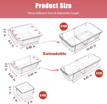 14 PCS Adjustable Clear Drawer Organizer Set - 3-Size Acrylic Storage Boxes for Makeup, Stationery, Kitchen Utensils, Tools & Bedroom Dresser Organization