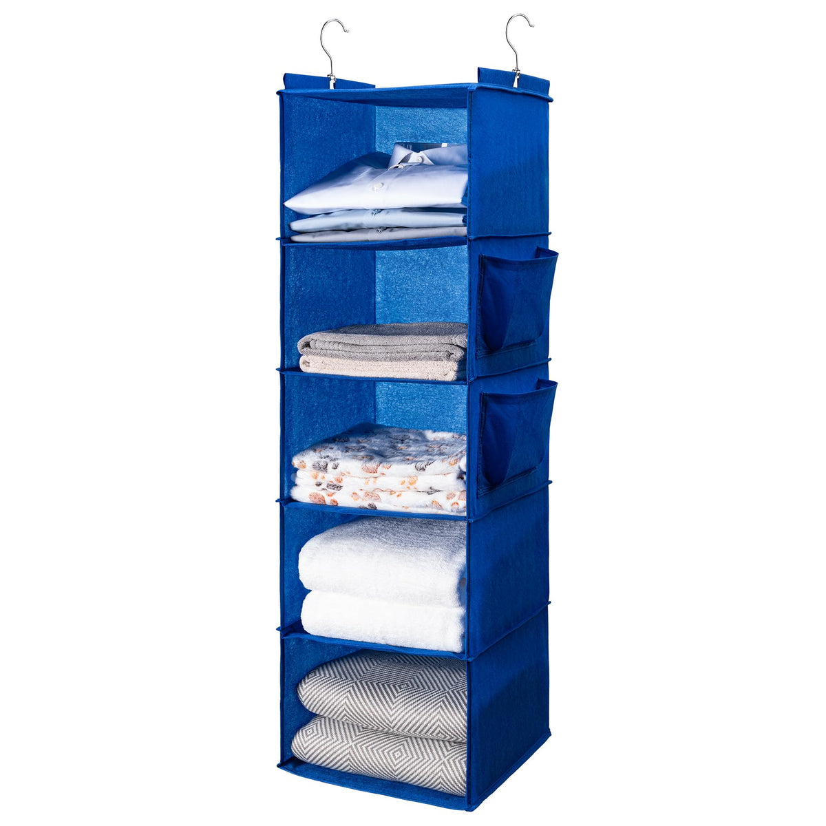 BOOMIBOO Hanging Closet Organize and Shelves，5-Hanging Shelf with 2 Side Pockets，Storage Foldable （Grey）