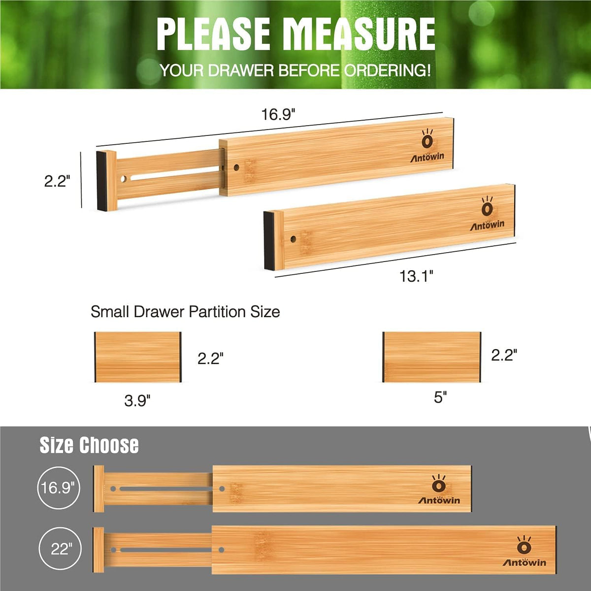 ANTOWIN Bamboo Drawer Dividers Organizers, Drawer Separators Splitter,13-17 inches Long Adjustable Spring-loaded Organizer for Large Utensil, Clothes, Tools Drawers (4+3)